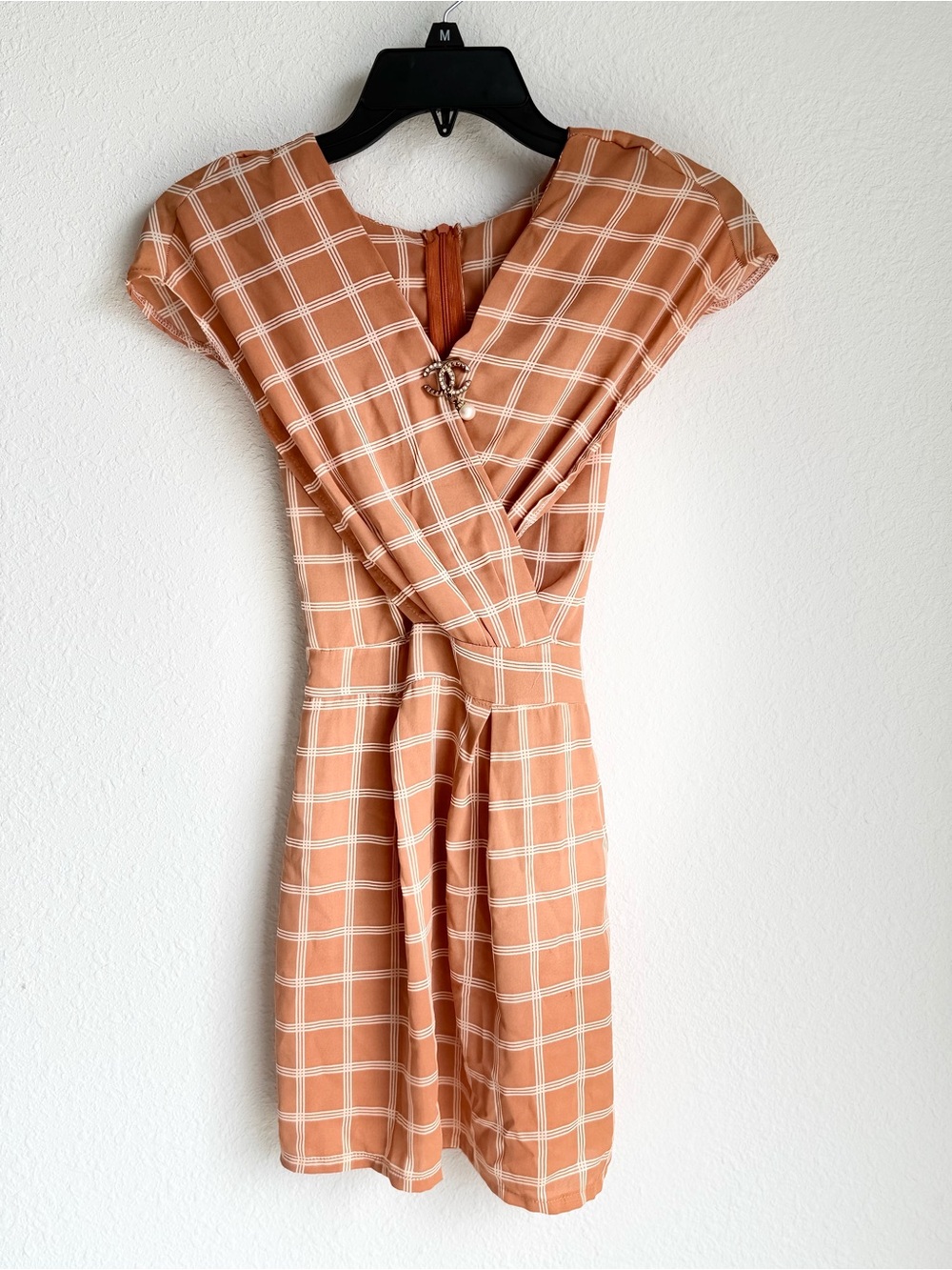 CHANEL Peach Plaid Mini Dress with Signature Brooch